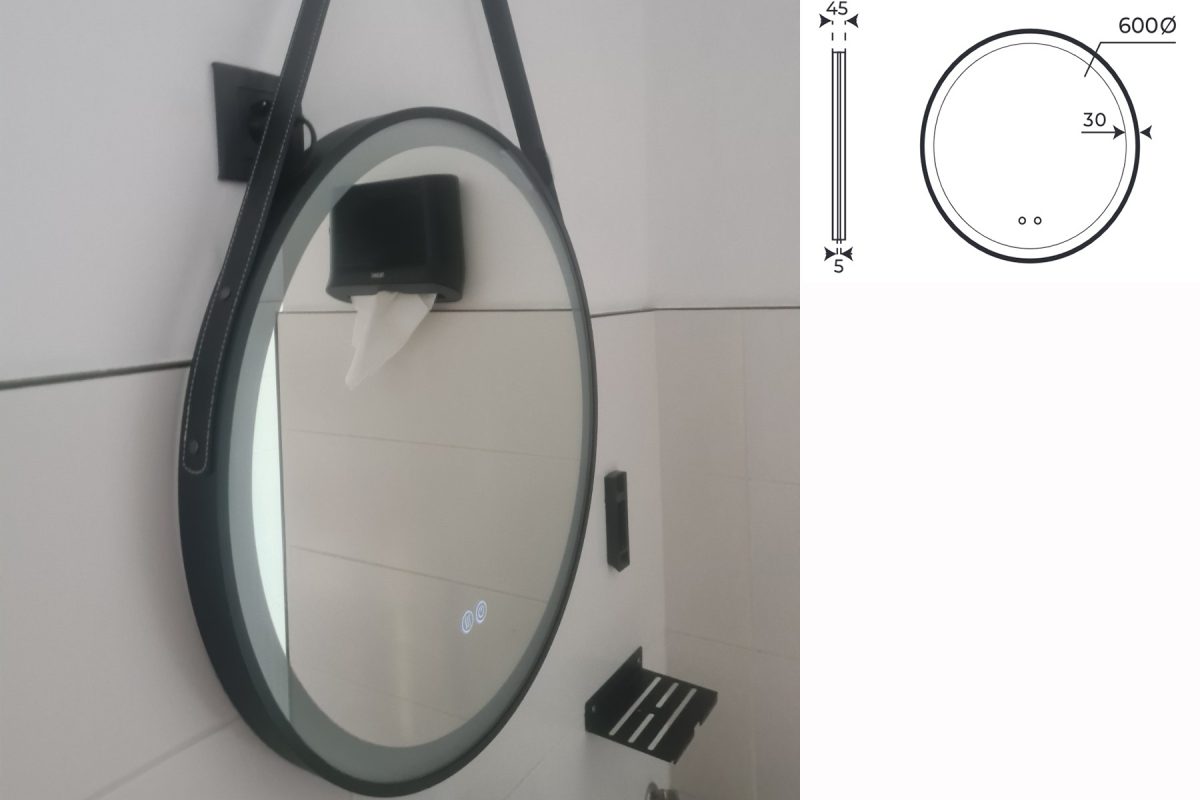 Кръгло огледало с лед осветление Adriano 60 черна кожена рамка - Image 2